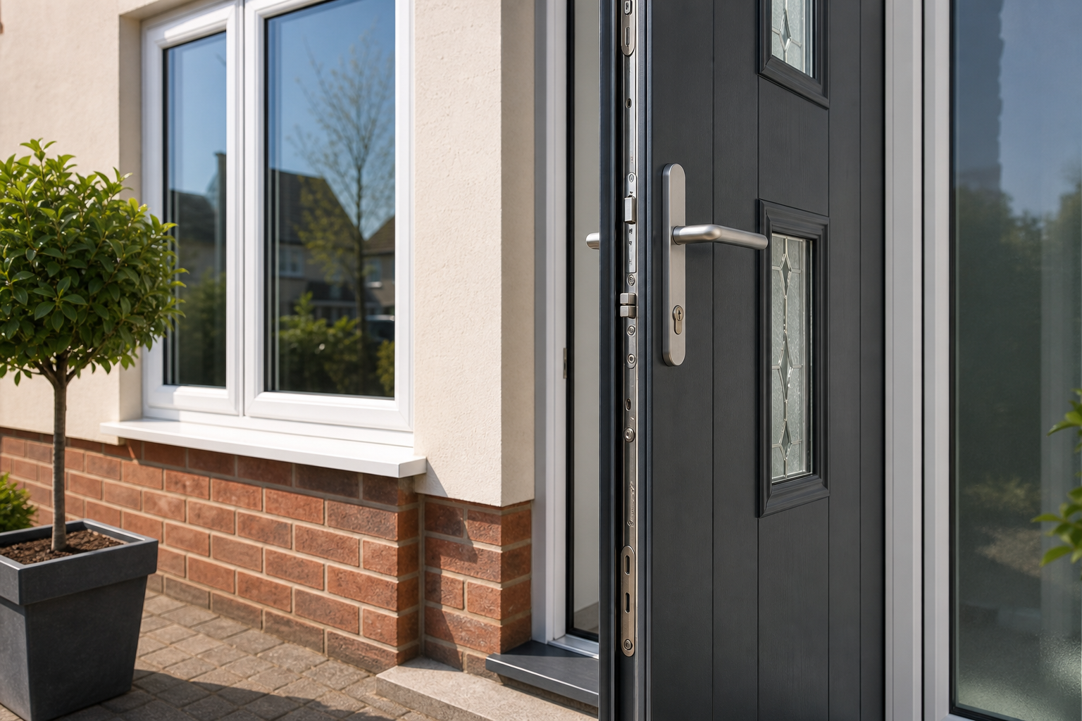 Secure composite door and double glazed window installation detail