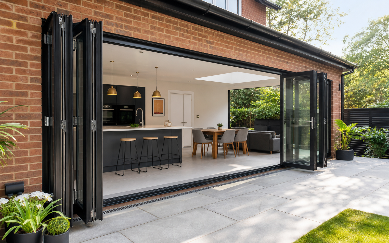 Black aluminium bifold doors opening onto a garden patio