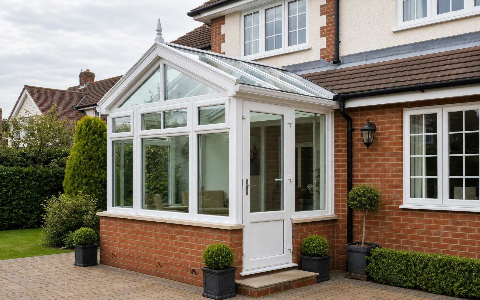White framed conservatory fitted to a brick UK home